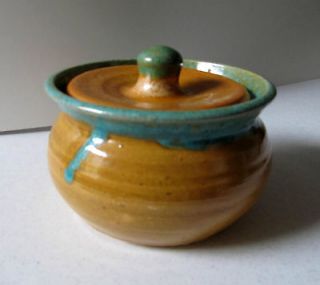 North State Pottery Small Pot with Lid Signed 1935   1959 Turquoise 