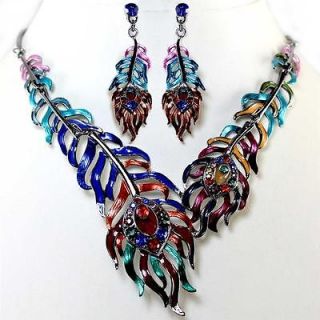 Chunky Multi Color Peacock Feather Crystal Earrings Necklace Set 