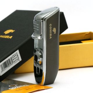 COHIBA 3 torch flame cigar lighter with cigar punch Black & Chrome # 