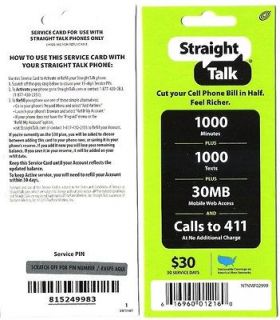 NEW $30 STRAIGHT TALK REFILL CARD 1000 MINUTES & TEXT 30MB DATA 30 DAY 