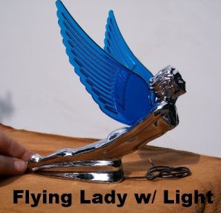 Flying Lady w/ BLUE Wings, Chrome HOOD ORNAMENT. NEW. With FREE 