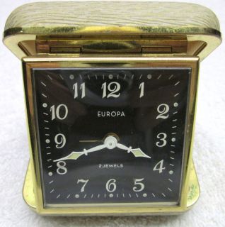 Vintage Travel Alarm Clock Art Deco Europa 2 Jewels Leather Case 