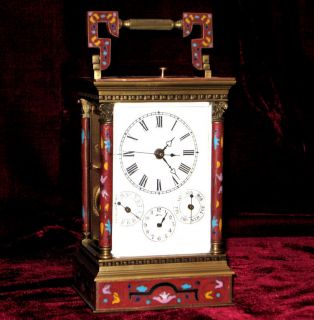 Large Enameled Brass CARRIAGE CLOCK/ Calender_Alarm​_Repeater~Vint 