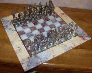14 Square Handmade Marble Board & Metal Roman Figure Chess Set