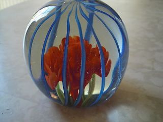 Hand Blown Glass Paper Weight Red Flower blue lines