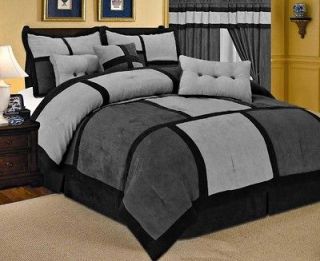 15 PC Comforter Curtain Set Gray Black Micro Suede King Size Bed in a 