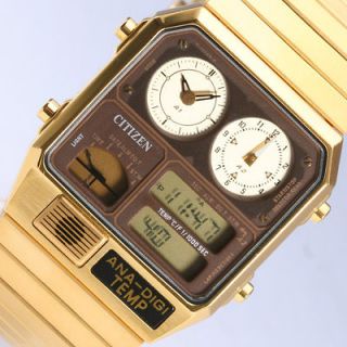 CITIZEN THERMOMETER ANALOG DIGITAL DUAL TIME GOLD TONE MENS WATCH 
