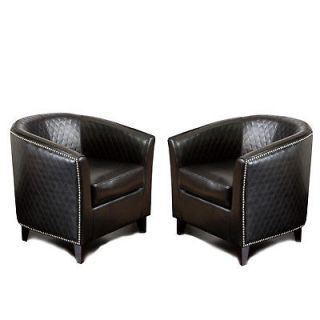 Set of 2 Elegant Modern Design Black Leather Tub / Barrel Club Chairs