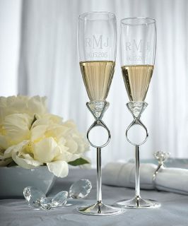   Personalized Diamond Ring Bride & Groom Wine Toasting Flute Glasses