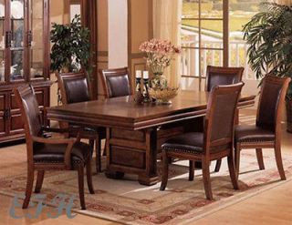 7PC WESTMINSTER BROWN CHERRY FINISH WOOD DINING TABLE SET NAILHEAD 