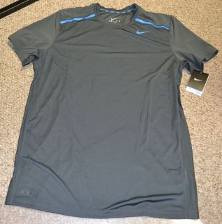 Nike MensVapor Crew Top S/S Tennis Shirt Traning Tee Grey /Blue 