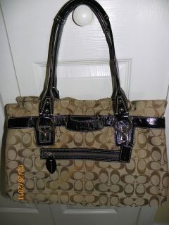 Coach Large Khaki/ Dark Brown Patent Leather Penelope Shopper Handbag 