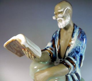 Chinese Bonsai Mudman Mudmen Figurine Old Man Reading with Glasses1