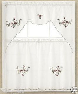 3pc Beige + Embroidered Burgundy Flower Kitchen/cafe Curtain Tier and 
