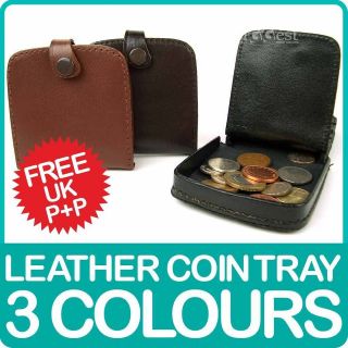 Mens Leather Coin Tray Change Wallet Purse Square Large in Black or 