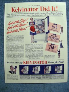 VINTAGE 1940 KELVINATOR REFRIGERATORS AD   FIVE MODELS