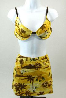   Swimwear Reggae Yellow Brown Palm Tree Bikini Wrap Skirt Medium NWOT