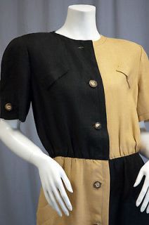 BILL BLASS cream black COLOR BLOCK linen shirt dress, 70s 80s, 6 8 Med 