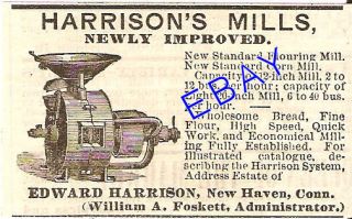 1879 HARRISON FLOUR & CORN MILL AD GRINDER NEW HAVEN CT