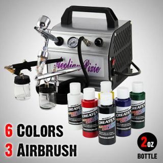 New 6 Colors 3 Airbrush Kit Air Compressor Dual Action Createx Primary 