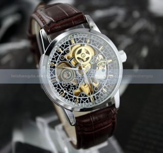   Charm Automatic Gold Tone Skeleton Mechanical Mens Leather Wrist Watch