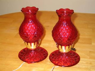 Fenton Pair Table Lamps Cranberry Red Ruby Night Light Quilted Glass 