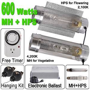   HPS+MH Grow Light Kit Air Cooled Cool Tube Reflector Hood 600 Watts