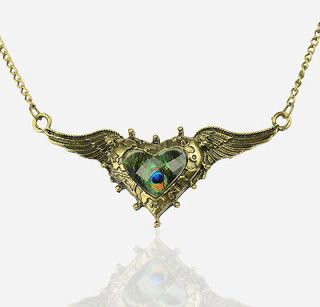   Wing Peacock Feather Heart Vintage Retro Copper Necklace Pendant B520K