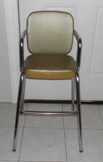 Vintage Chrome Metal Vinyl Seat High Booster Chair Gold & Olive Green