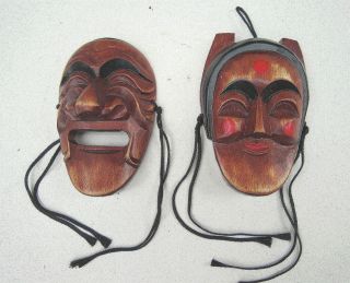 PAIR OF CARVED WOOD TRADITIONAL KOREAN THEATER MASKS   OLD MAN & WOMAN 