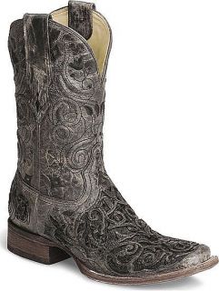   Corral Vintage Black Caiman Belly Leather Laser Inlay Cowboy Boots