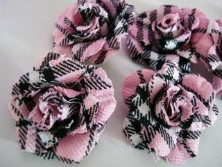 12 Pink/Black Plaid Rose 4D Flower Applique/Brooc​h H450