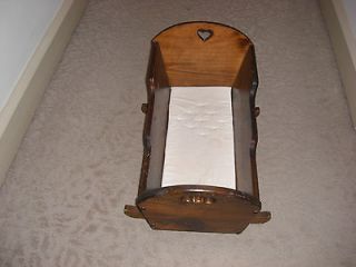 VINTAGE HAND MADE WOODEN BABY DOLL ROCKING CRADLE WITH CUSHION