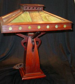 Mission Arts and Crafts Wood Table Lamp With Green Slag Glass Shade 