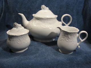 Mitterteich Tea Set Teapot Creamer Covered Sugar Bowl White Porcelain 