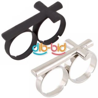 Adjustable Metal Cross Two Double 2 Finger Ring Jewelry
