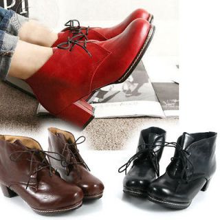   Luxury Women Vintage Medium Heels Casual Shoes Lace Up Ankle Boots