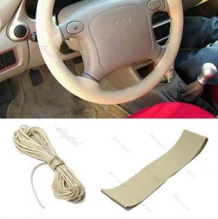 New Leather DIY Car Steering Wheel Cover With Needles and Thread Beige