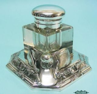 Novelty English Silver Plated & Glass Equestrian Jockey Cap Ink Stand 