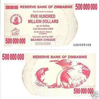 10 ZIMBABWE 500 MILLION DOLLARS CURRENCY MONEY INFLATION PRE 100 