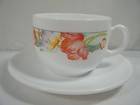   Arcoroc France 6 White Glass Cups and Saucers Red Purple Yellow Retro