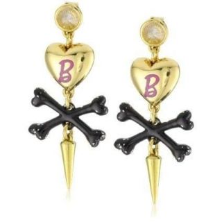   BARBIE Jewelry B Heart Crossbones Charm nOir EARRINGS Crystal Post