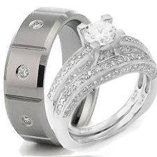  Hers STERLING SILVER and STAINLESS STEEL CZ wedding bridal rings set