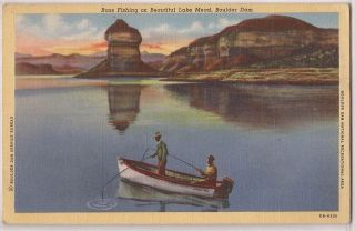 Boulder Dam Postcard Bass Fishing on Beautiful Lake Mead 2 Men in 