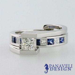 30 ct Princess Cut Diamond & Blue Sapphire Bridal Ring Set 14k 