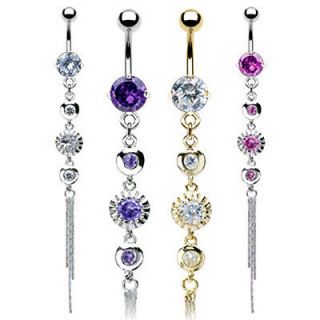 ELEGANT 4 CZ DANGLE BELLY NAVEL RING CHAIN VINTAGE BUTTON PIERCING 