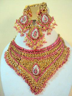   Royal LCD CZ Gold Tone Bridal Jodha Akbar L@@k Pink Necklace Set PR 12