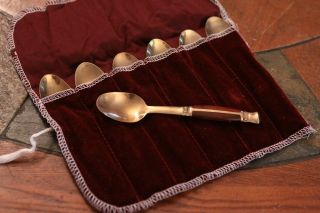 VINTAGE Brass And Teak Wood Handled SPOON SET In Velvet Pouch MADE IN 