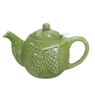 Andrea by Sadek Green Majolica Pine Cone Teapot w Strainer 20464 Jay 