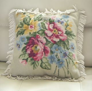   ROSES & FLOWERS Needlepoint PILLOW Fringed Edges VERY PRETTY 14x14